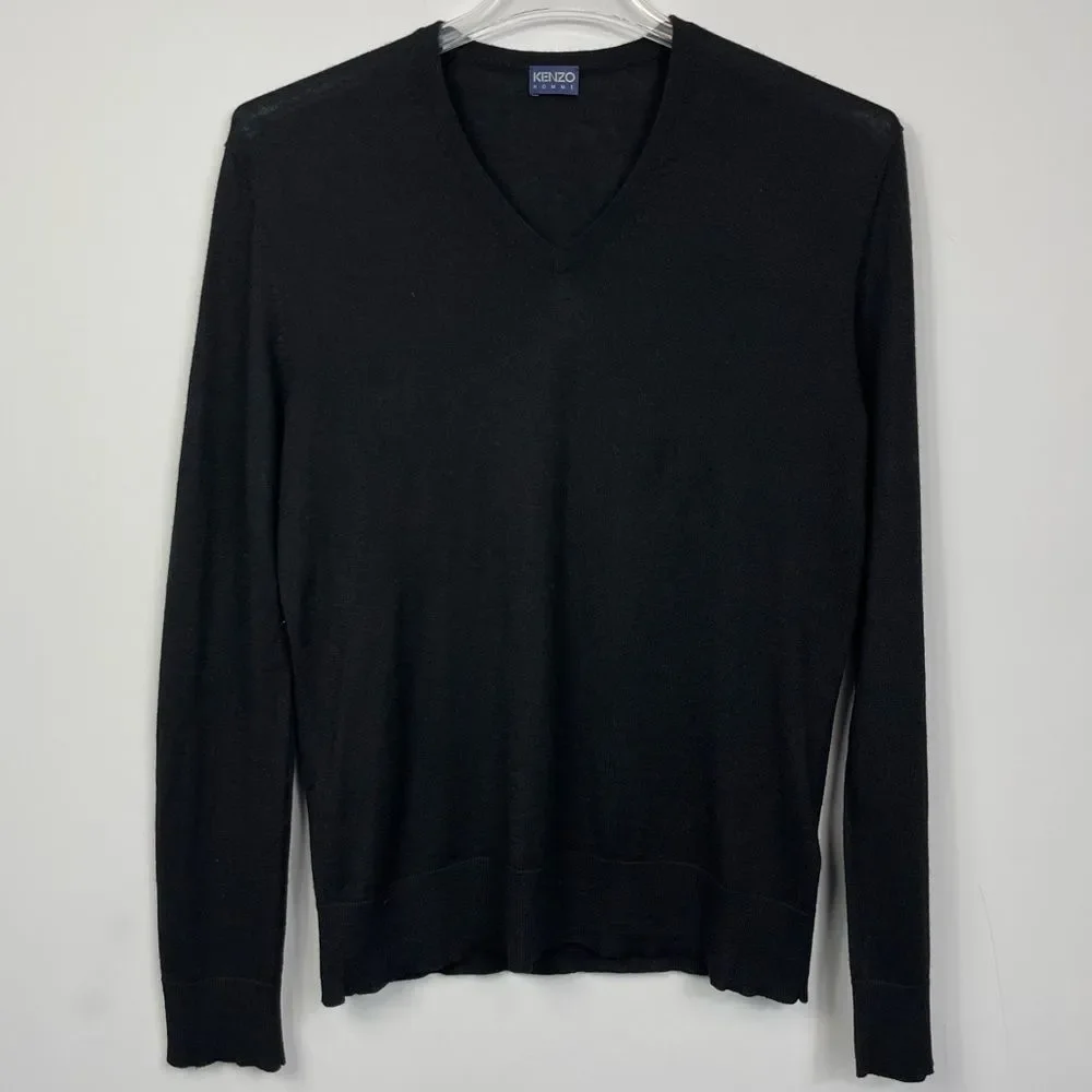 KENZO Homme Men’s Black Lightweight Silk Cashmere Blend V-Neck Basic Sweater L